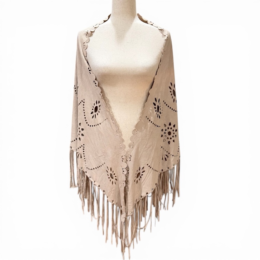 Faux Suede Laser Cut Western Fringe Shawl Tan One Size
